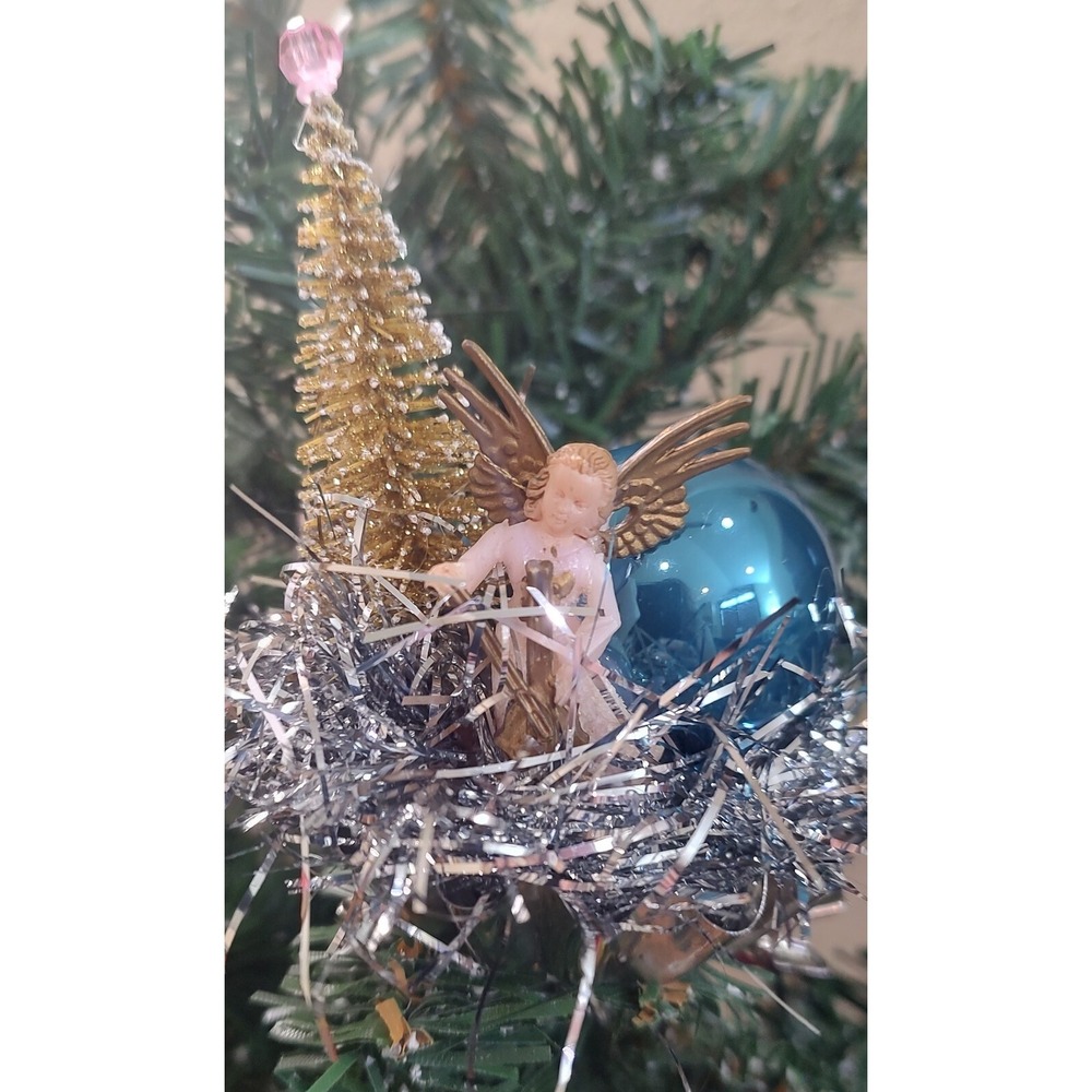Vtg Angel Clip On Christmas Ornament Glass Ball Tinsel Sisal Tree Tart Tin O2